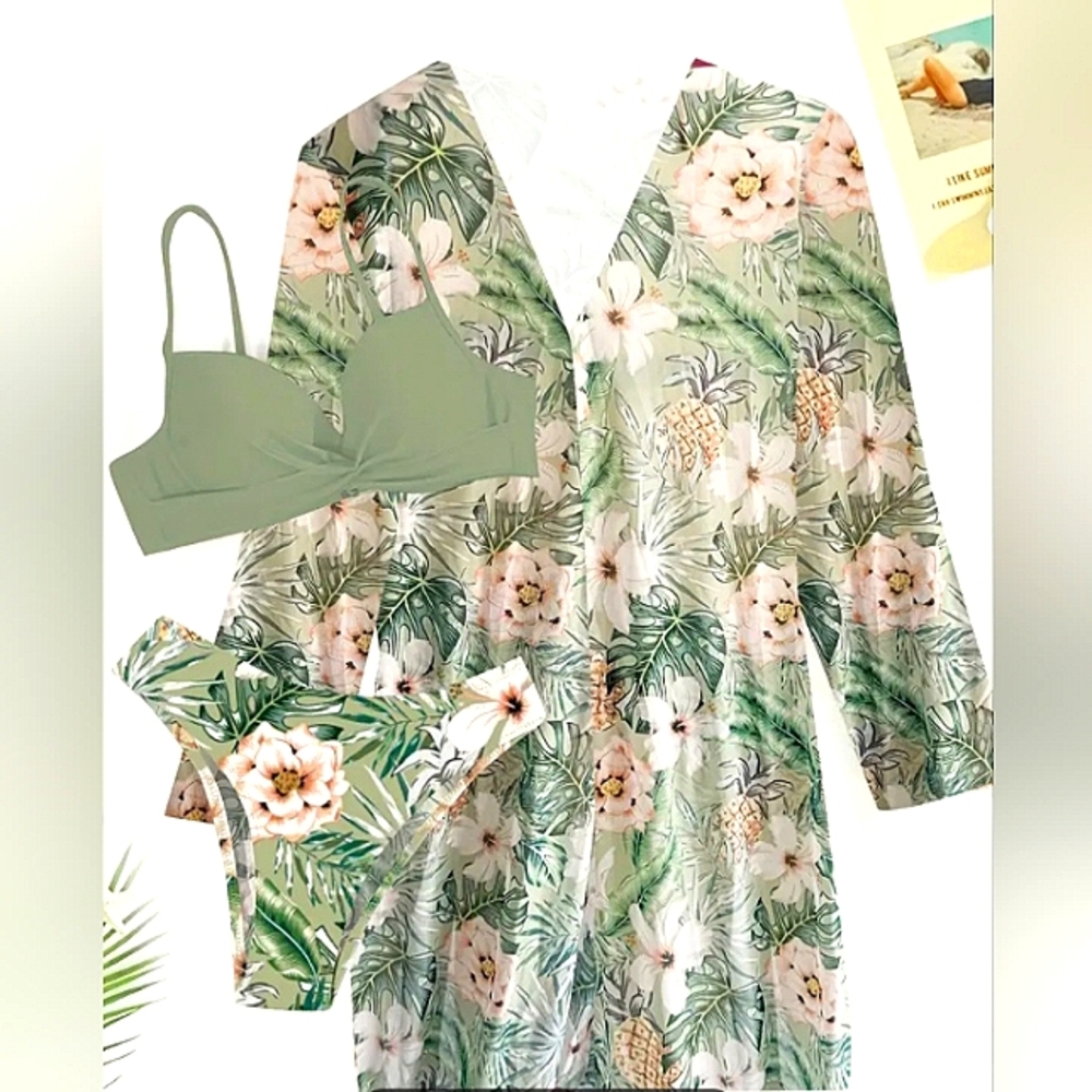 Women's Floral Green Bikini Set With Coverup Size Medium - Picture 3 of 5